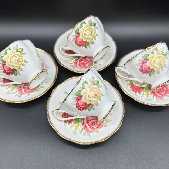 Queen Anne Lady Sylvia Tea Cup Saucer Set(Set of 4) Bone China England - Picture 5 of 7